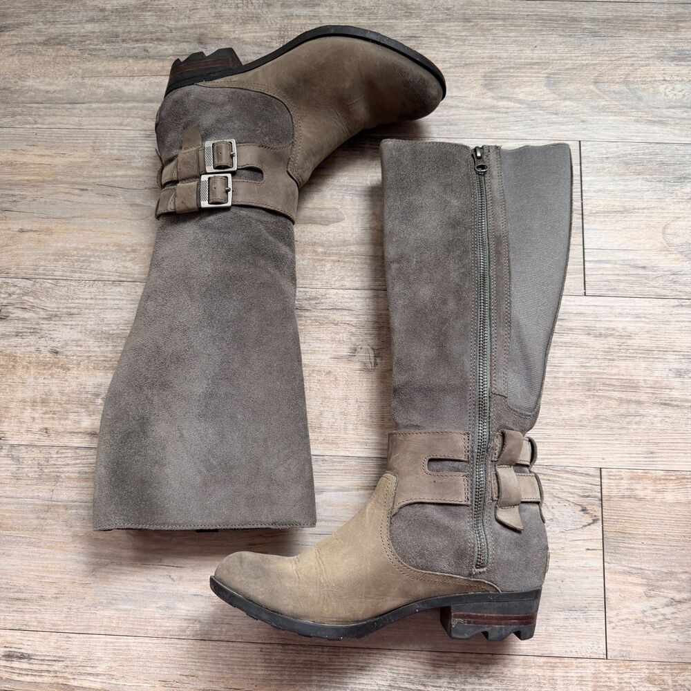 Sorel Lolla Tall II Boots Gray Suede Leather Women’s Size 8 Riding Moto Boots